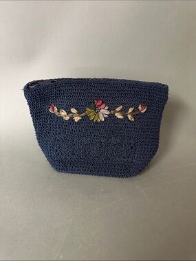 Woven Navy Floral Embroidered Zip Pouch